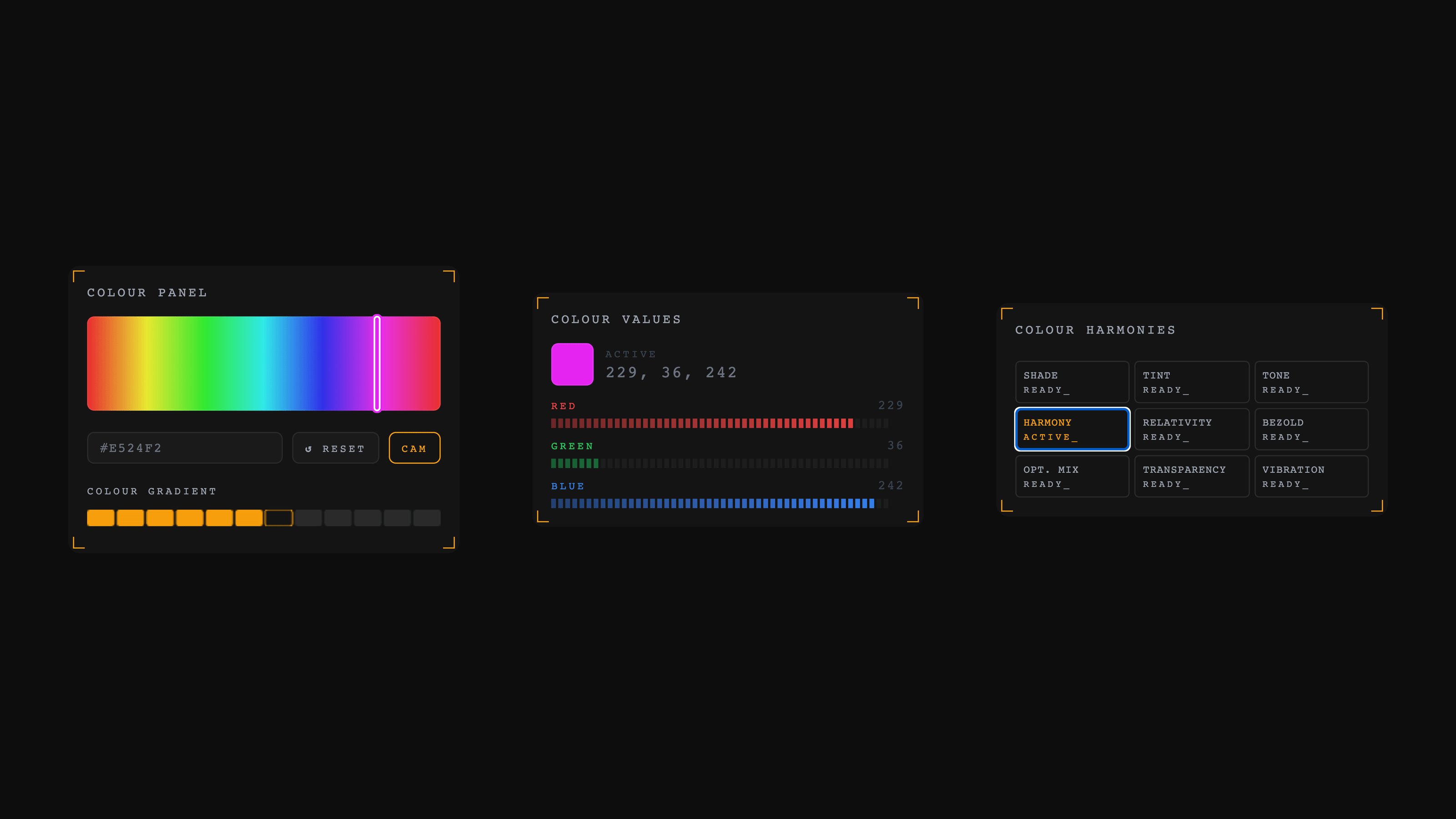 Albers Colour Panel, Colour Values, and Colour Harmonies controls isolated from the instrument sidebar