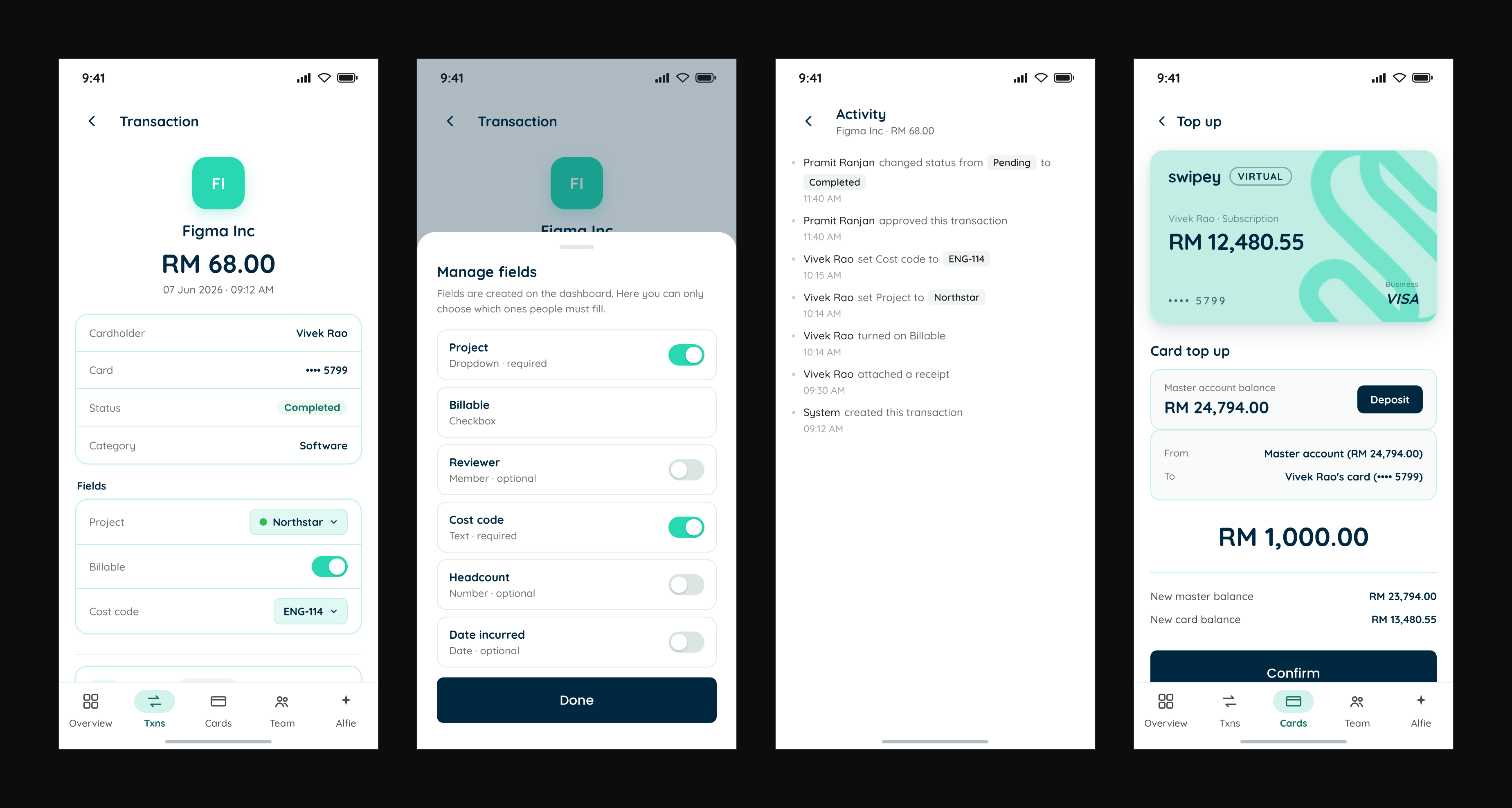 Swipey Admin transaction detail, Manage fields, activity history, and card top-up screens