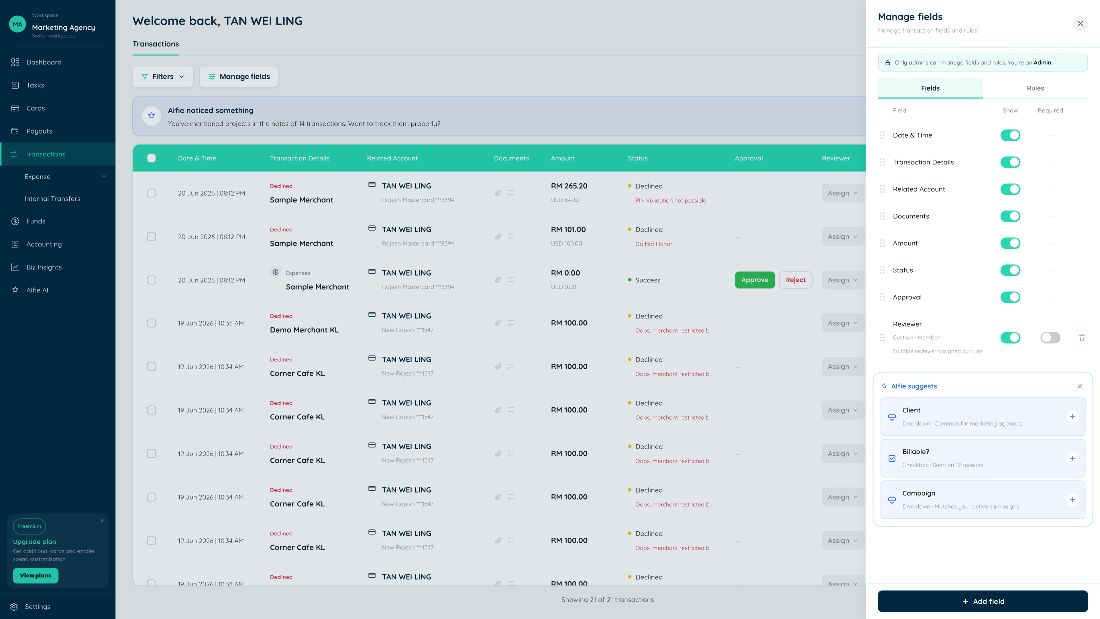 Manage fields, restricted to admins, listing every org-wide field with its visibility and required toggles beside Alfie's suggested fields