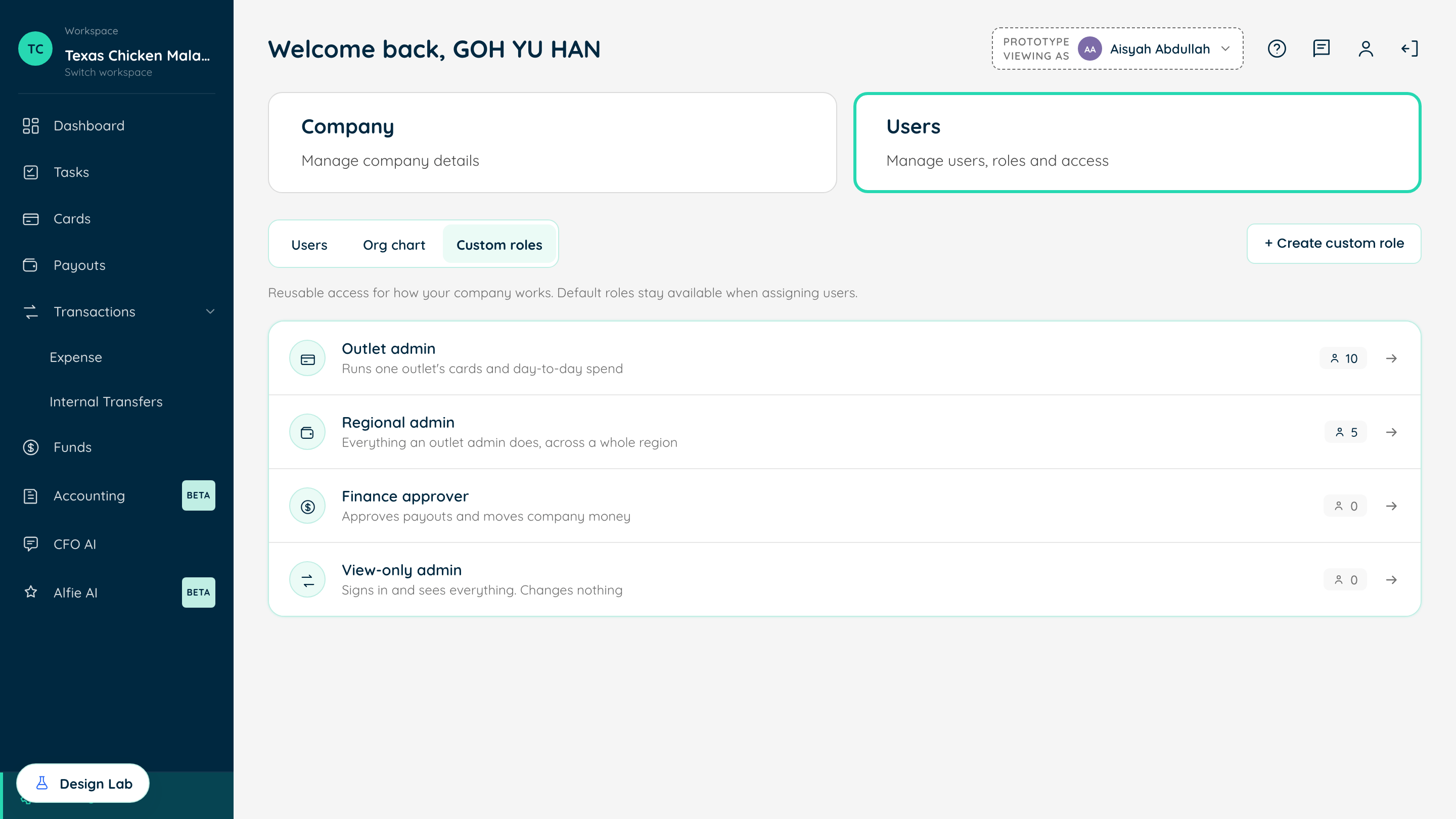 The Custom roles view, where access is defined once as a reusable role rather than per person